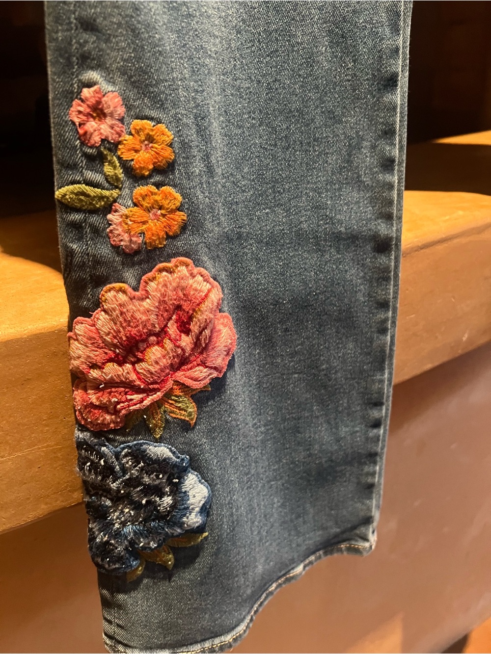 DRIFTWOOD Blue Denim Flare Jeans with Embroidered Floral & Butterfly Accents - Picture 3 of 5